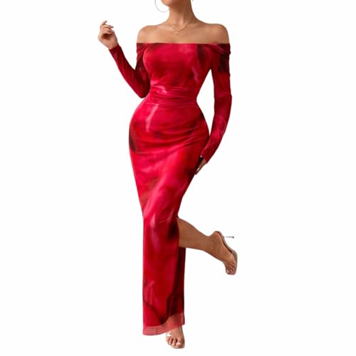 Image of LIGHT DOT Women's Printed Off Shoulder Maxi Dress Long Sleeve Bodycon Ruched Mesh Cocktail Dress