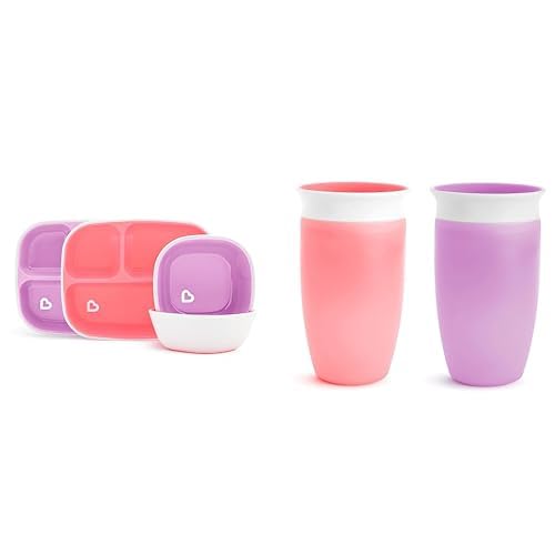 Image of Munchkin® Splash™ 4 Piece Toddler Divided Plate and Bowl Dining Set, Pink/Purple & Miracle® 360 Toddler Sippy Cup, Spill Proof, 10 Ounce, 2 Pack, Pink/Purple