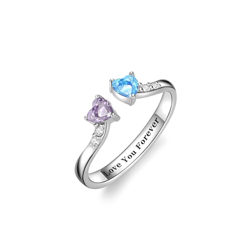 Dainty Promise Rings for Her 2 Birthstone Adjustable Rings for Women Sister Anniversary Birthday Gifts for Women Her Jewelry Valentines Day Gifts 06-1