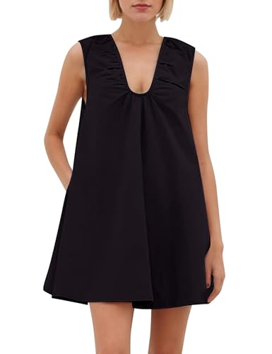 Image of Women Summer Sleeveless Babydoll Mini Dress Scoop Neck Loose Fit Tank Dresses Party Ruched Short Dress with Pockets