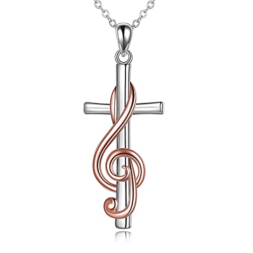 MONGAS Music Note Necklace Sterling Silver Cross Necklace for Women Treble Clef Music Jewelry Choir Gifts for Women Musicians