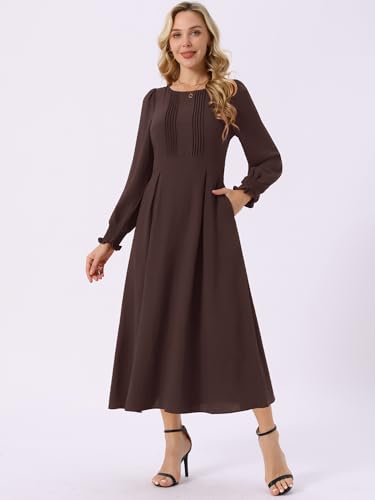 Image of Seta T Women's Fall Dress Frilled Long Sleeve A-Line Casual Midi Dresses | Crewneck, Smocked Cuff, Front Pleated, Pockets, Flowy and Lightweight, Party Elegant Outfit 2026