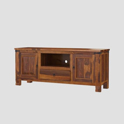 Image of Sheesham Rosewood, 1 Drawer Solid Wood TV Entertainment Unit | Wooen TV Cabinet Living Room & Office Honey Finish