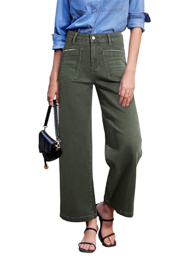 Sidefeel Jeans for Women High Waisted Wide Leg Denim Pants, Green, Size 8