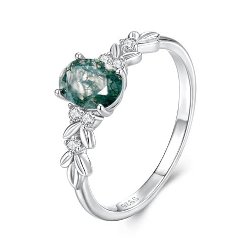 Moss Agate Rings for Women, 925 Sterling Silver Leaf Vine Design Nature Green Moss Agate Engagement Promise Ring, Oval Shaped Natural Stone Rings Jewelry