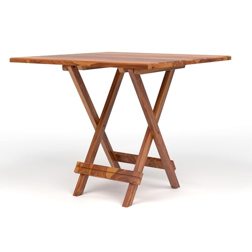 Image of Wooden Foldable Patio Table Set with 2 Chairs | Outdoor Garden Coffee Table with 2 Chairs for Balcony, Lawn, Poolside | Solid Sheesham Wood Seating for Backyard (Honey Finish)