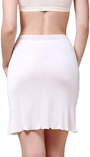 Zylioo Women's Mulberry Silk Knitted Elasticated Lace Waist Half Slips Underskirt Breathable and Anti-Static Underdress White