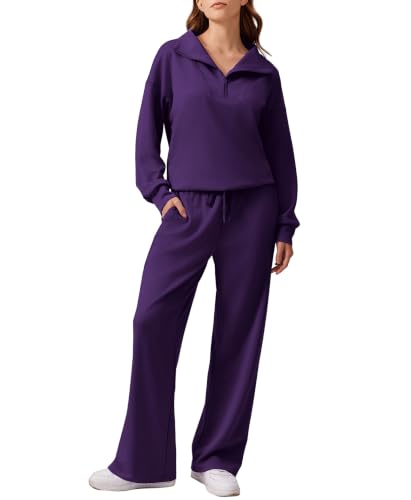 Image of PINSPARK 2 Piece Sets for Women 1 /4 Zip Lounge Matching Set Fall Outfits | Oversized Sweatshirt, Long Sleeve Pullover, Wide Leg Pants with Drawstring Pockets, Sweatsuit, 2026 Travel Airport Tracksuit