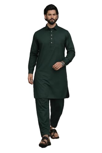 Image of See Designs Men's Full Sleeve Shirt Collar Solid Pathani Kurta with Salwar