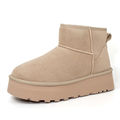 Women's Platform Mini Boots, Fur Boots Classic Ultra Mini Booties Comfortable Anti-Slip Lightweight Winter Snow Boots (Brown/Sand/Black, US Women Size 5-9)