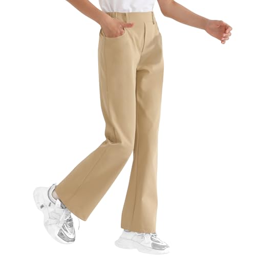 Image of Girls Flare Dress Pants, Bootcut School Uniform Slacks Size 6-15 Years | Half Elastic Waistband, Mock Fly, Belt Loops and Side Pockets for School Uniforms and Everyday Wear