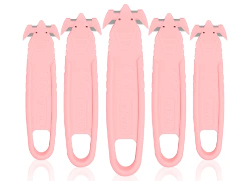 Image of Safety Box Cutter, T TOVIA Sharp Durable Stainless Steel Concealed Blade Package Opener with Tape Splitter for Cartons, Cardboard, Wrap, Straps, Film (5 Pcs - Pink)