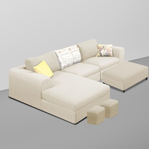 Image of Koza LHS 4 Seater L Shape Sofa Set with Center Table for Living Room (Cream Fabric) Premium Fabric Sofa
