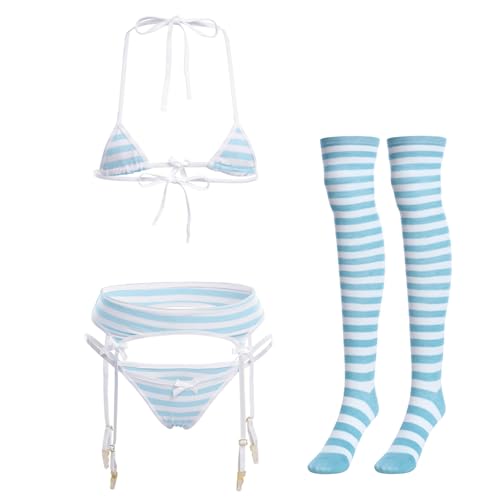 ABAFIP Women Cute Kawaii Anime Lingerie set Halter Strap Micro Bra Tiny Panty Garter Belt Striped Stockings 4Pcs Underwear Blue One Size