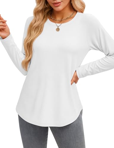 YUCOLEN Long Sleeve Shirts for Women Loose Fit Crewneck Side Split Curved Hem Basic Casual Tunic Tops to Wear with Legging