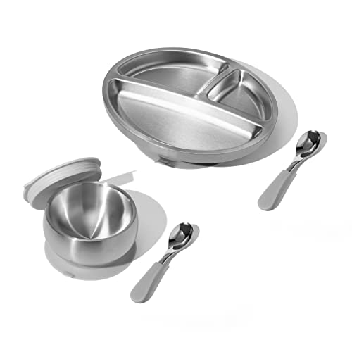 Image of Avanchy Baby Bowl, Plate and 2 Spoons Stainless Steel with Suction and Storage Lids Set for Babies Kids Toddler First Food Feeding, Gray