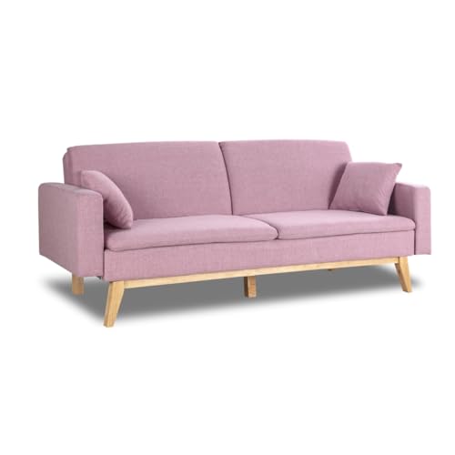 Don Descanso, Sofá Cama 3 plazas Reine, Tapizado en Tela, Sistema Apertura de Libro o Clic-clac, Medida sofá: 206x73x80 cm, Medida Cama: 180x100 cm, Incluye 2 Cojines, Rosa