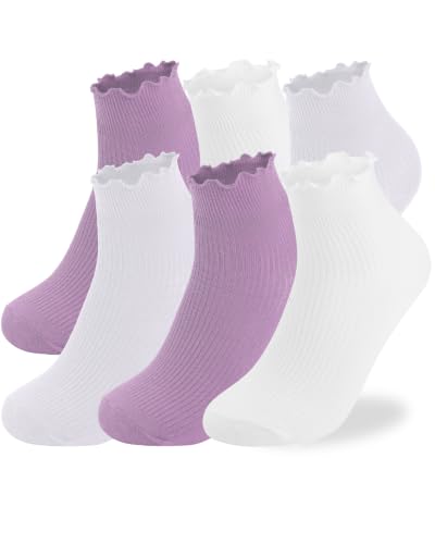 Image of DQCUTE Women's Ruffled Ankle Boot Socks - Soft Knit Cotton Lettuce Trim Crew Socks for Teen Women 6 Pairs