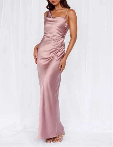 Image of Formal Satin Silk Spaghetti Strap Maxi Dresses for Women Wedding Guest