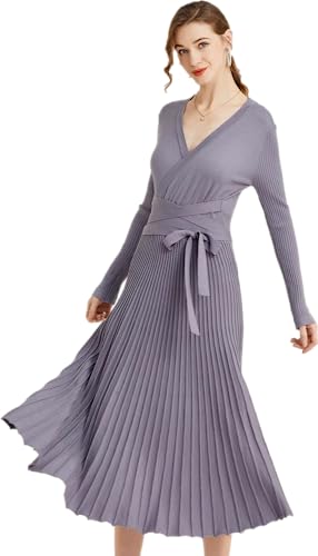 Image of RanRui Womens Winter Fall Pleated Knitted Fit and Flare Long Sleeve Sweater Dress