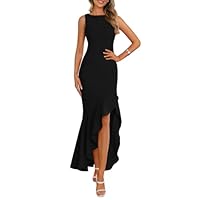 AOWVUTS Damen Abendkleid Elegant Ballkleid Lange Rüsche Schlitz Meerjungfrau Bodycon Kleid Hochzeit Festlich Hi-Lo Sexy Partykleid Maxi Ärmellose Cocktailkleid Brautjunferkleid