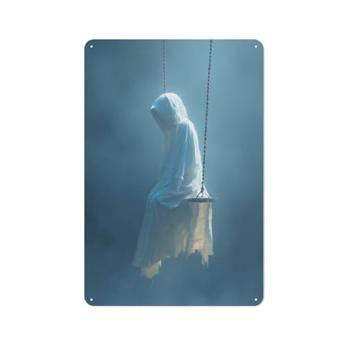 Letreros de metal de estaño con figura fantasmal en un columpio, decoración de pared para bar, pub, club, cafetería, granja, color blanco, 30 x 20 cm