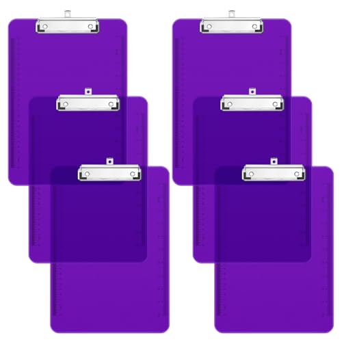 Piasoenc Lot de 6 planchettes à pinces en plastique translucide avec profil bas, porte-bloc violet avec règle, porte-bloc de bureau, fournitures scolaires, format lettre 31,8 x 22,9 cm, violet