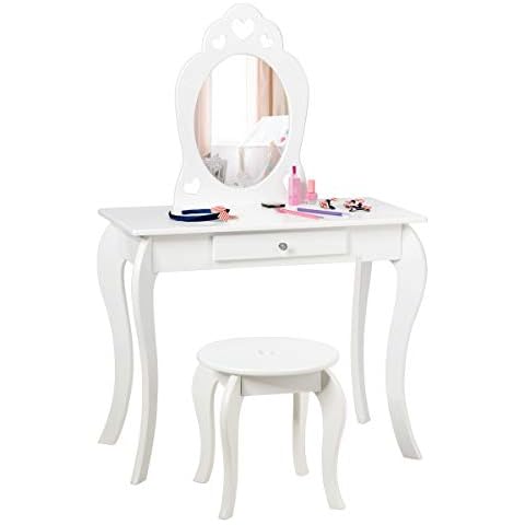COSTWAY Kinder Schminktisch, Make-up Tisch mit Hocker und abnehmbarem Spiegel, Frisierkommode Holz, Mädchen Frisiertisch Cover