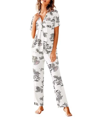 Image of Avidlove Women Pajamas Set Notch Collar Soft Sleepwear Pjs Short Sleeve Button Down Nightwear with Long Pants