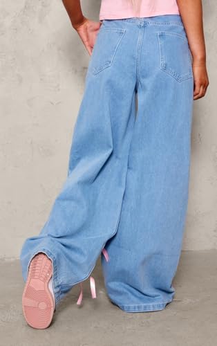 Womens Baggy Jeans Teen Girls Cute Bow Lace Up Denim Jeans High Waisted Straight Leg Pants Y2k Aesthetic Jean4
