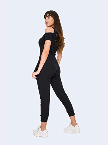 Conjunto Salvatore Comfy Com Blusa Ombro Vazado e Jogger Canelada (M, Preto)