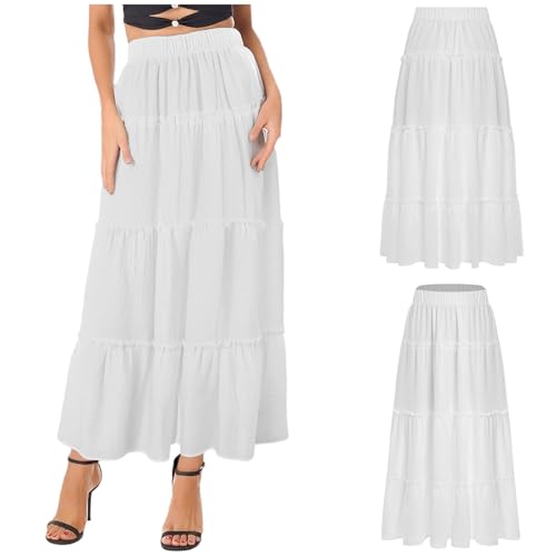 YiZYiF Women's Elastic Waist Tiered Ruffled Swing Midi Skirt for Daily Casual Holiday Party Shopping2