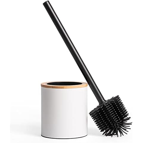 KAZAI. Silikon Toiletten-Bürste & Klobürsten-Halter in Holzoptik | Klobürste in Edelstahl mit Silikonkopf | Metall WC-Bürsten-Halter in Natur-Bambus | Stehende WC-Bürste für das Badezimmer Cover