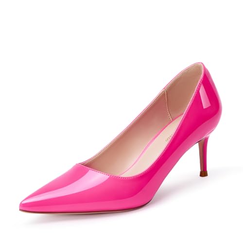 GENSHUO Escarpins à Talons Bas pour Femme, Bout Fermé, à Enfiler, Talons Aiguilles, Chaussures Habillées, Rose Fluorescent, 42 EU