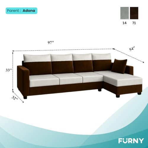 Image of FURNY Arissa 5 Seater Fabric RHS L Shape Sofa Set with Extra Cushions (Light Grey-Dark Brown) Premium Velvet Finish | Ideal of Living Room