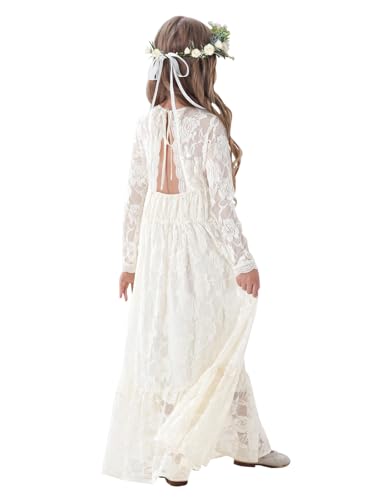 ALLOVIN | Ivory | 4-5T Toddler & Girls Long Sleeve Lace Flower Girl Dress Maxi Boho A-Line Dress for Wedding Baptism 1st Communion