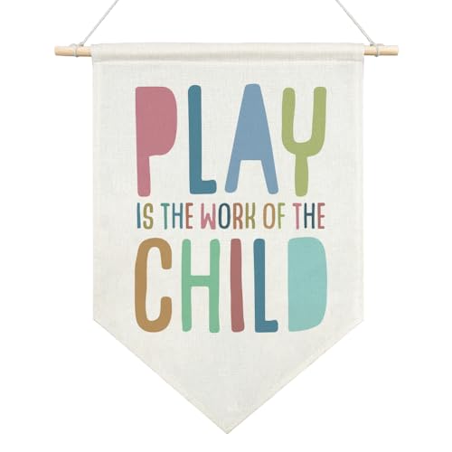AGMDESIGN Play is the Work of the Child Canvas Hanging Pennant Flag Banner, Kids Room Decor, Home School Classroom Kids Room Playroom Nursery Therapy Wall Flag Decor, Mental Health Growth Banner