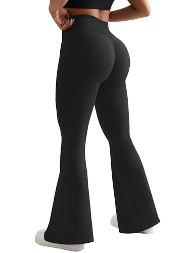 OMKAGI Butt Lifting Flare Leggings for Women Tummy Control Wide Leg Flared Yoga Pants(L,87-Black)