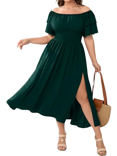 CICIDUDU Plus Size Maxi Dress Off The Shoulder Ruffle Smocked Wedding Guest Cocktail Slit Hem Flowy Dresses for Curvy Women Emerald Green