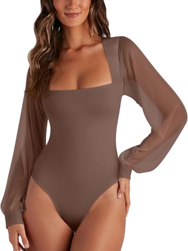 Image of PINKMSTYLE Women's Square Neck Double Lined Mesh Long Sleeve Bodysuits | Sheer Puff Sleeve Body Suit,Slim fit Trendy Going Out Tops,Concert Outfit