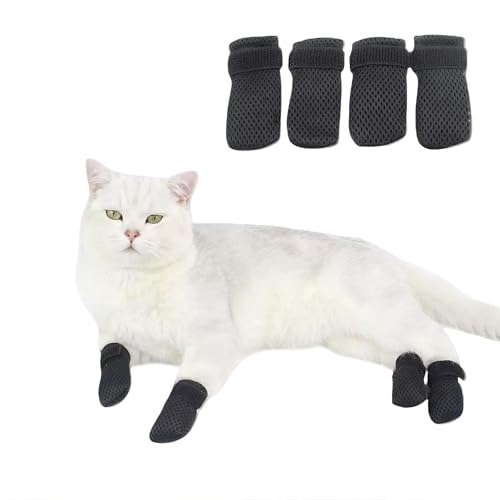 4 PCS Cat Mittens to Prevent Scratching, Adjustable Dog Booties to Prevent Scratching, Breathable Mesh Shoes, Prevent Scratches, Suitable for Bathing, Feeding and Nail Trimming (Black, M)