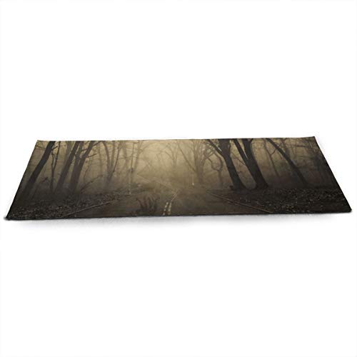 Sticky Yoga Mat - 180cm x 61cm x 4.5mm，Landscapes Nature Roads Trees Forest Fog Mist Haze Dark Spooky