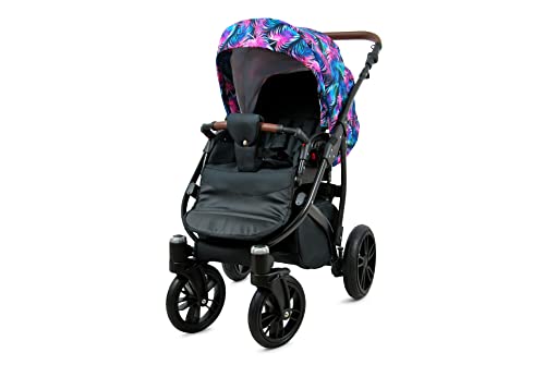 BABYLUX Optimal Kinderwagen 3 in 1 Tief Babywagen Kindersitz Autositz Rahmen aus Aluminium Multifunktionskinderwagen Funktionell Sicher 60 x 95 x 115 cm Colorful Feathers Black Frame
