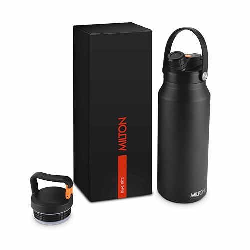 MILTON 1180ml Vacuum Insulated Water Bottle with Straw Lid - 2 lids included Keeps Drinks Hot and Cold 18/8 Stainless Steel Double-Walled Flask with Inner Copper Coating - Sports - Ultrasip - Black