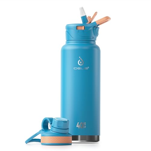 Image of IDEUS Vacuum Insulated Water Bottle, Stainless Steel Double Wall Flask Metal Sports Canteen with Leak-Proof Screw Cap (Blue Atoll, 40oz (1140ml))