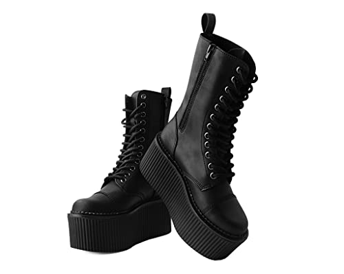 T.U.K. Black Faux Leather Casbah Stratocreeper Boots for Men & Women, 12 Eye Lace Up Platform Boot2