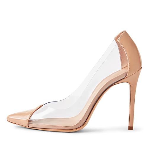 Womens Pointed Toe Clear Pumps, Sexy Stiletto Heel Wedding Party High Heels Shoes, Fashion Stitching Slip-on Dressy Work Court Shoes2