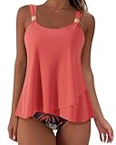 RXRXCOCO Tankini Damen Bauchweg Ruffle High Waisted Zweiteilig Bademode Rosa Blumen Size L