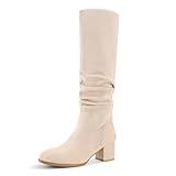 Shoe'N Tale Women's Knee High Boots Chunky Heel Pointed Toe Suede Slouch Winter Shoes with Side Zipper(7.5,Beige)