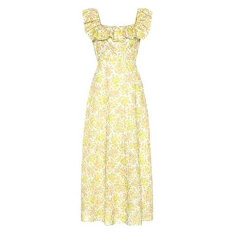 Summer Scollop Off Shoulder Square Collar Yellow Floral Long Dress Cover